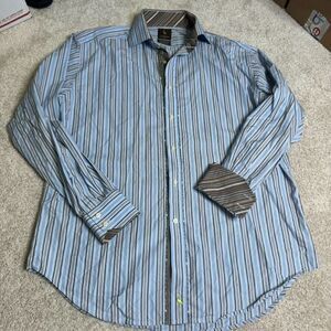 TAILORBYRD Shirt Button Down Blue Brown Stripe MENS LARGE Roll Cuff Detail